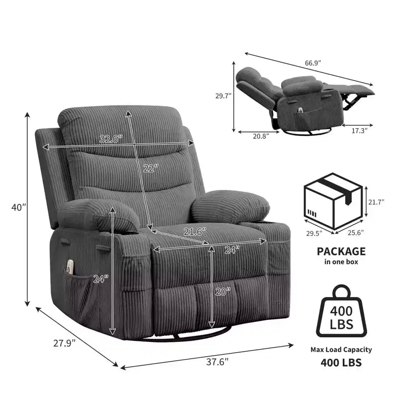 Fauteuil inclinable surdimensionné 360 pivotant et berçant avec massage et chaleur - Fauteuil de salon ergonomique avec porte-gobelets, poches latérales pour salon, chambre de bébé