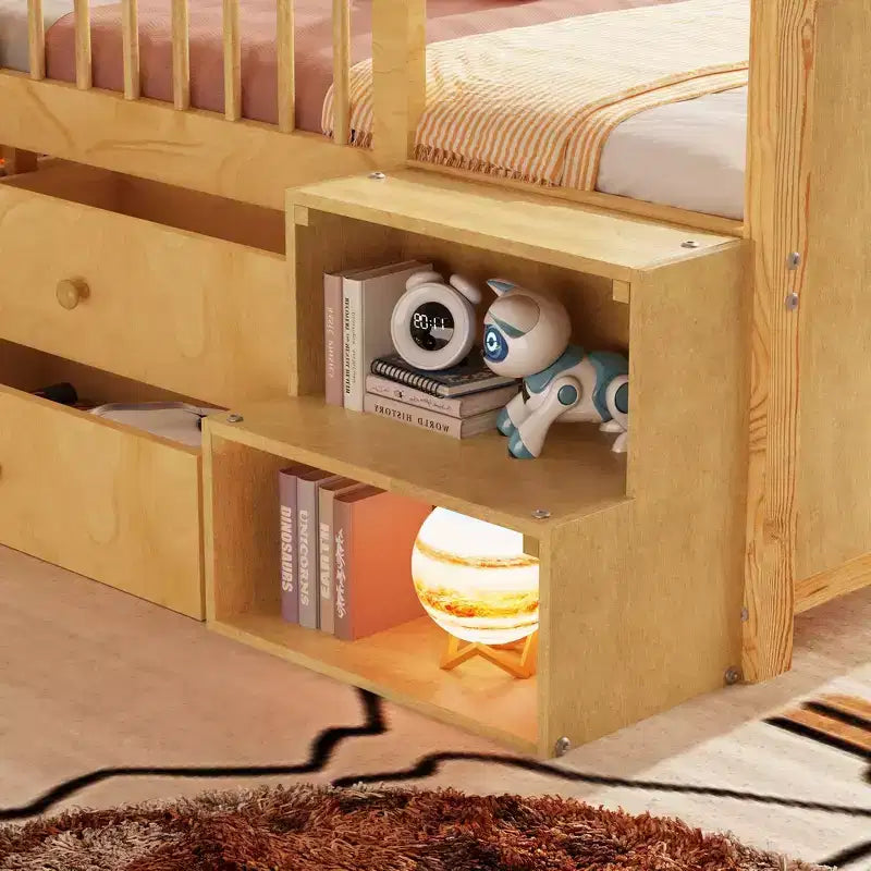 Whisen Low Twin Loft Bed with LED Lights, House Shape Headboard & Storage Drawers, Solid Construction
