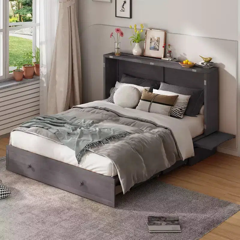 Mjkone Murphy Bed Queen,Cube Cabinet Chest Bed with Charging Station&Storage Space