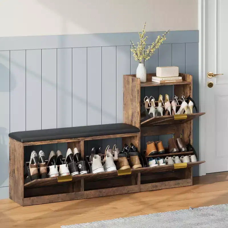 Meuble à chaussures de ferme avec banc, organisateur de rangement de chaussures d'entrée avec 4 tiroirs à abattant et siège rembourré confortable, banc à chaussures autoportant