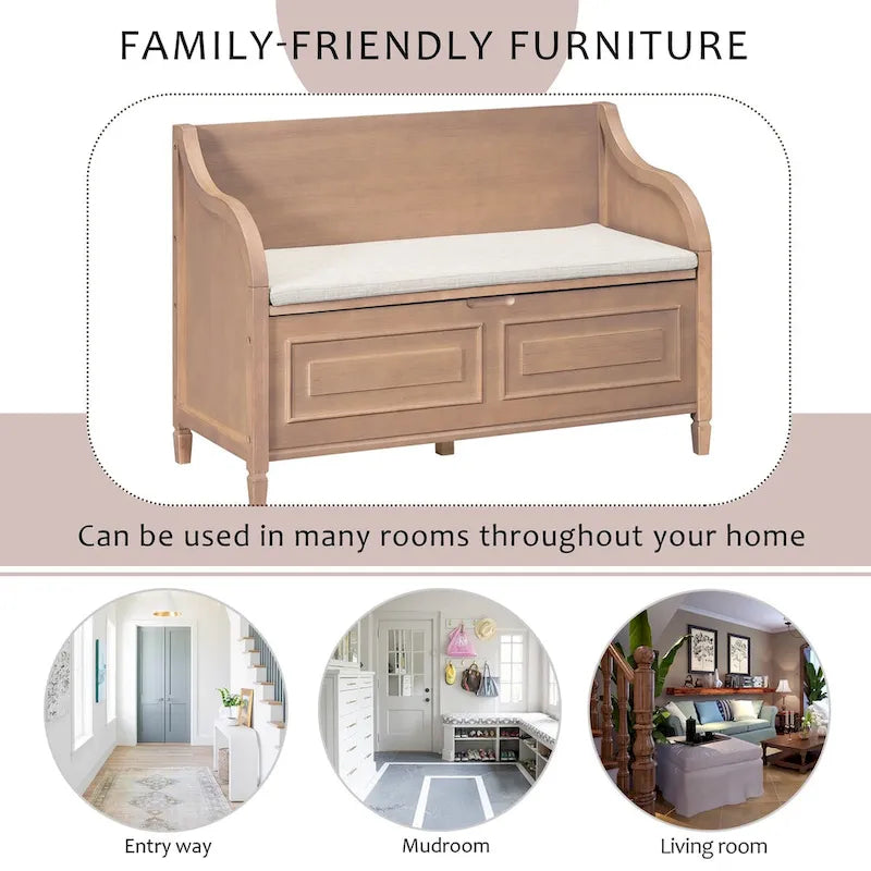 Rustic Solid Wood Entryway Storage Bench with Safety Hinge