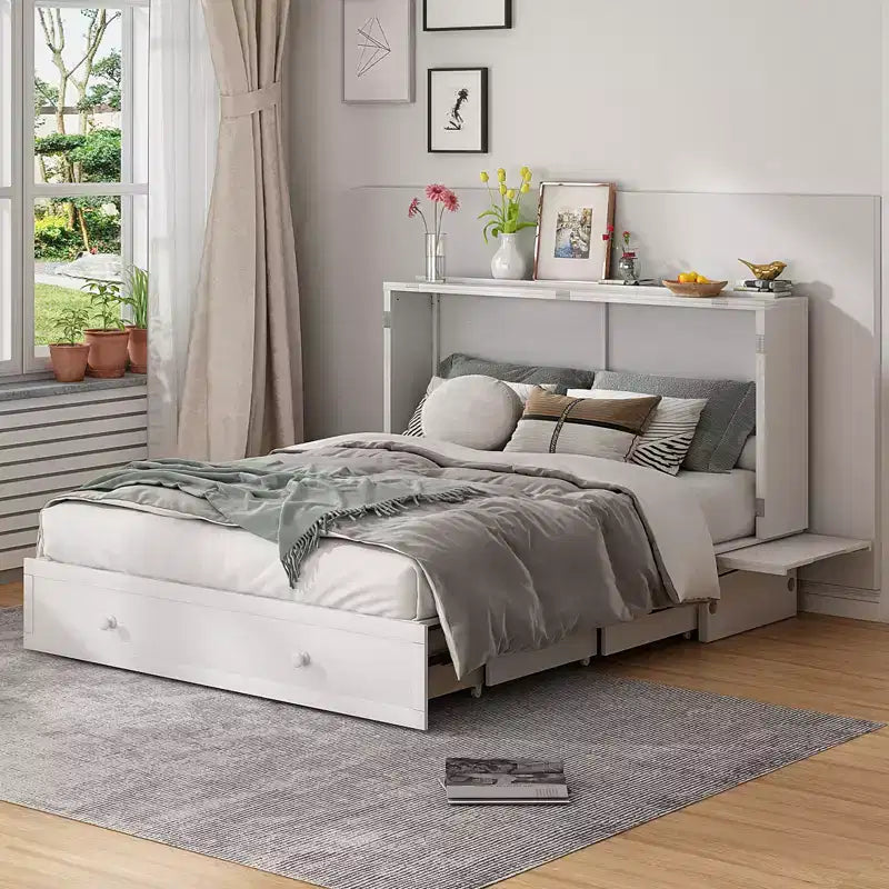 Mjkone Murphy Bed Queen,Cube Cabinet Chest Bed with Charging Station&Storage Space