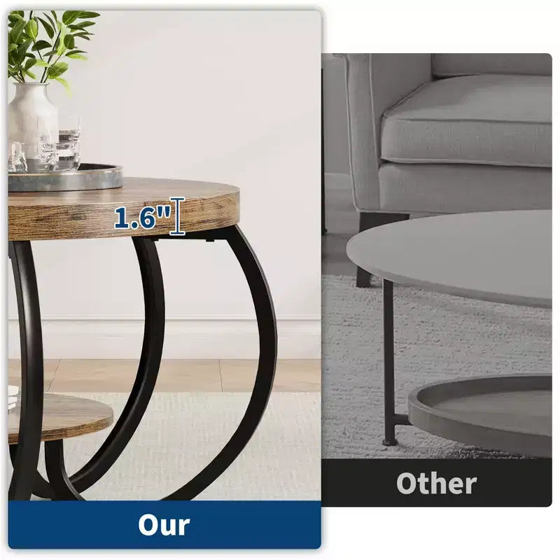 30 Inch Round Industrial Coffee Table 2-Tier with Adjustable Feet Wood Grain Shelf Flame Design Easy Assembly Living Room