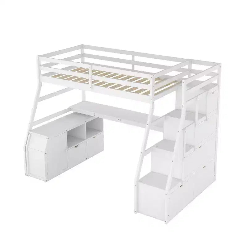 Twin Size Loft Bed with 7 Drawers, 2 Shelves, Cabinet and Desk for Kids and Teens