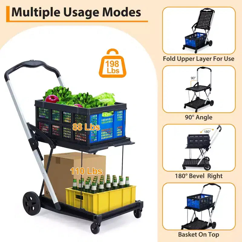 2 Tier Folding Shopping Carts for Groceries, 198 LB Capacity, Collapsible Portable Grocery Cart with Wheels & Removable Crate for Mall Market, Blue