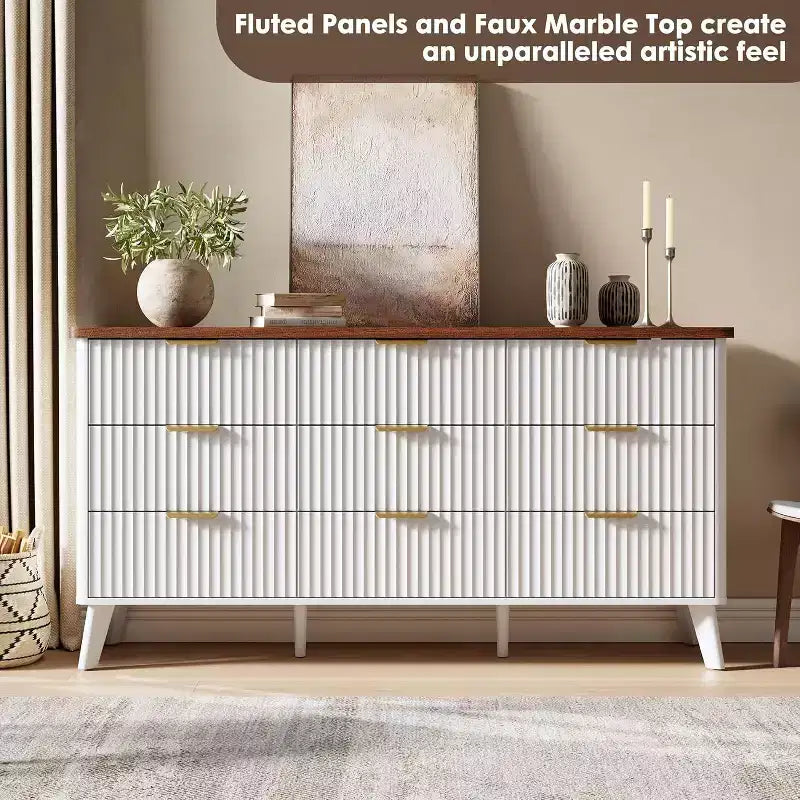 9 Drawers Fluted Dresser, Modern Chest, Wooden Dresser TV Stand, Curved Profile Design, for Living Room, Hallway