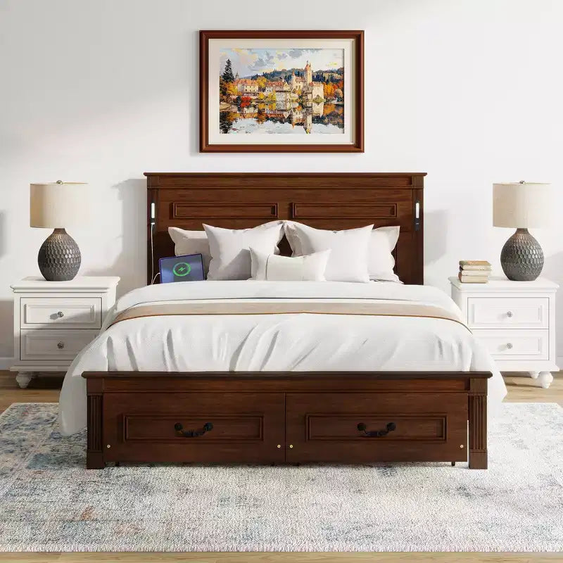 ModernLuxe Lit plateforme Queen/King Size avec tête de lit haute, cadre de lit rustique en bois avec 2 tiroirs, lumières LED et ports USB