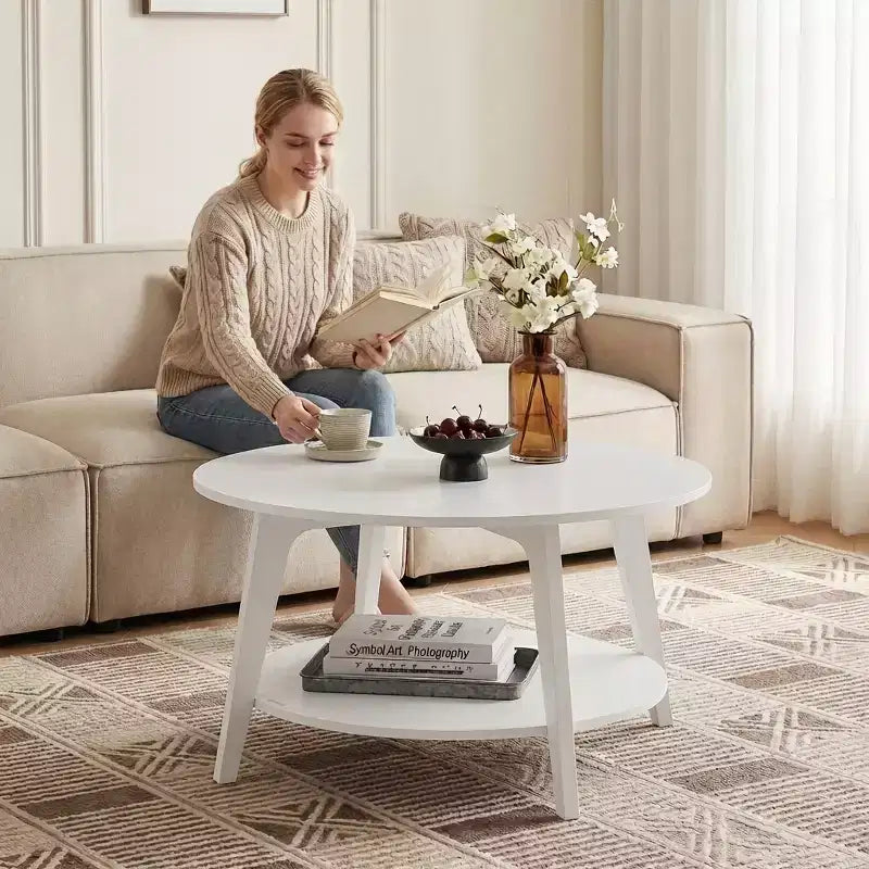 Honey Brown Round Coffee Table with 2 Tiers of Storage, Measuring 31.5 x 17.7 Inches, Ideal for the Living Room