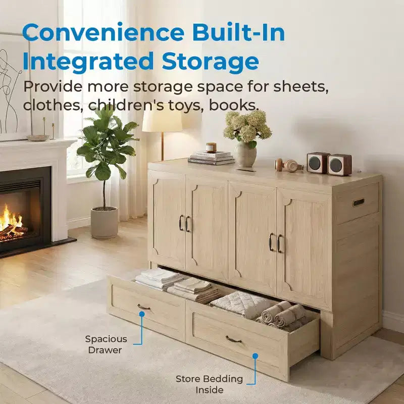 Mjkone Queen Size Convertible Murphy Cabinet Bed with Mattress, USB Charging, Storage Drawers