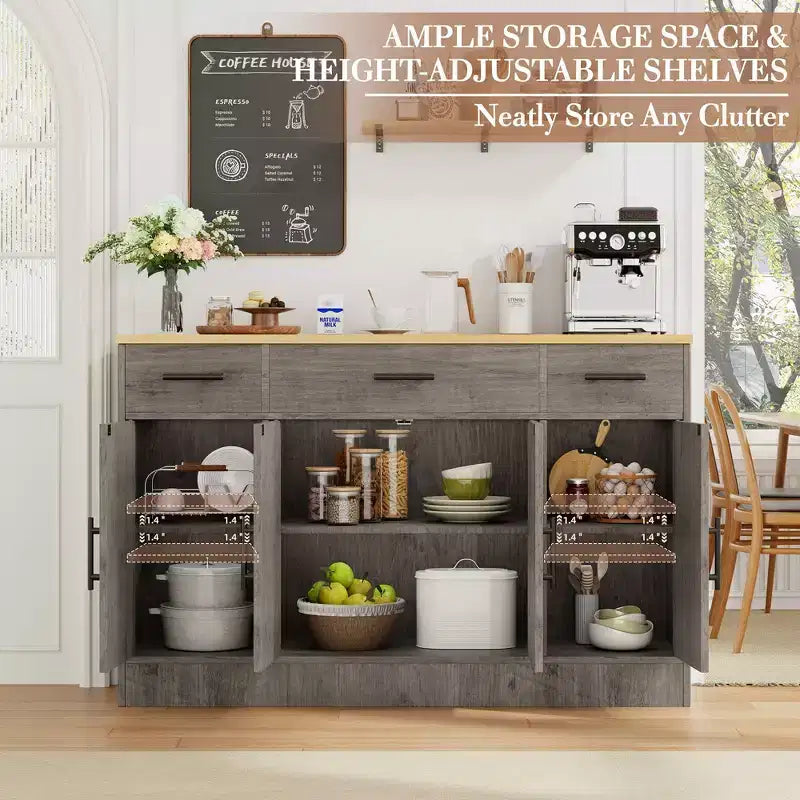 Celebalcony Buffet Cabinet with Storage,53.4 Large Kitchen Storage Cabinet with 3 Drawers & 4 Doors, Adjustable Shelf for Kitchen,Living Room