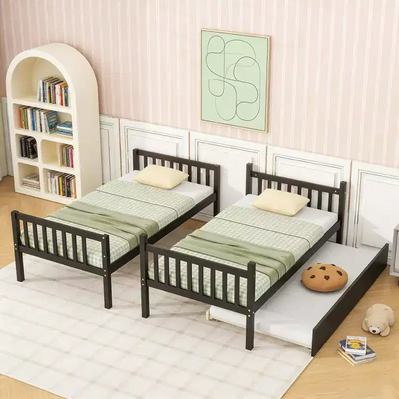 Twin Over Twin Modern Wood Bunk Bed with Trundle, Convertible into 2 Beds