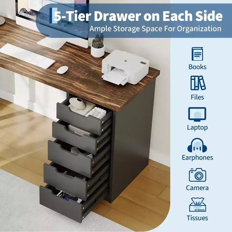 47 Inch Computer Desk with 5 Storage Drawers, Reversible Modern Rustic Study Writing Table, Home Office Workstation for Small Spaces