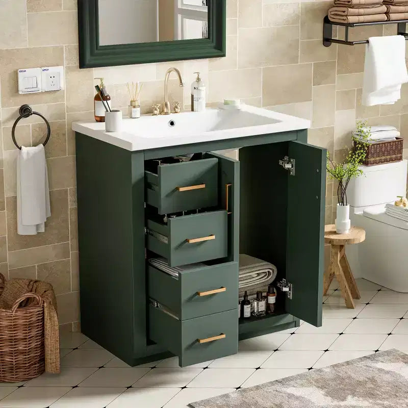 Meuble-lavabo de salle de bain à évier simple de 76 cm avec armoire et 3 tiroirs – Noir / Bleu / Vert / Indigo / Blanc