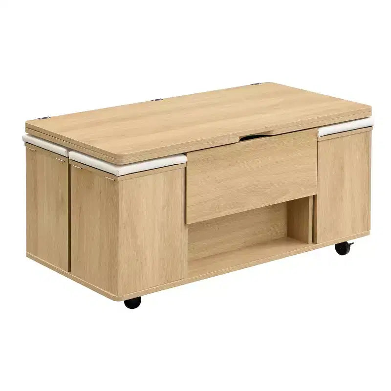 Multi-Function Modern Lift-Top Coffee Table with Hidden Storage, 4 Stools and Casters, Perfect for Modern Living Spaces