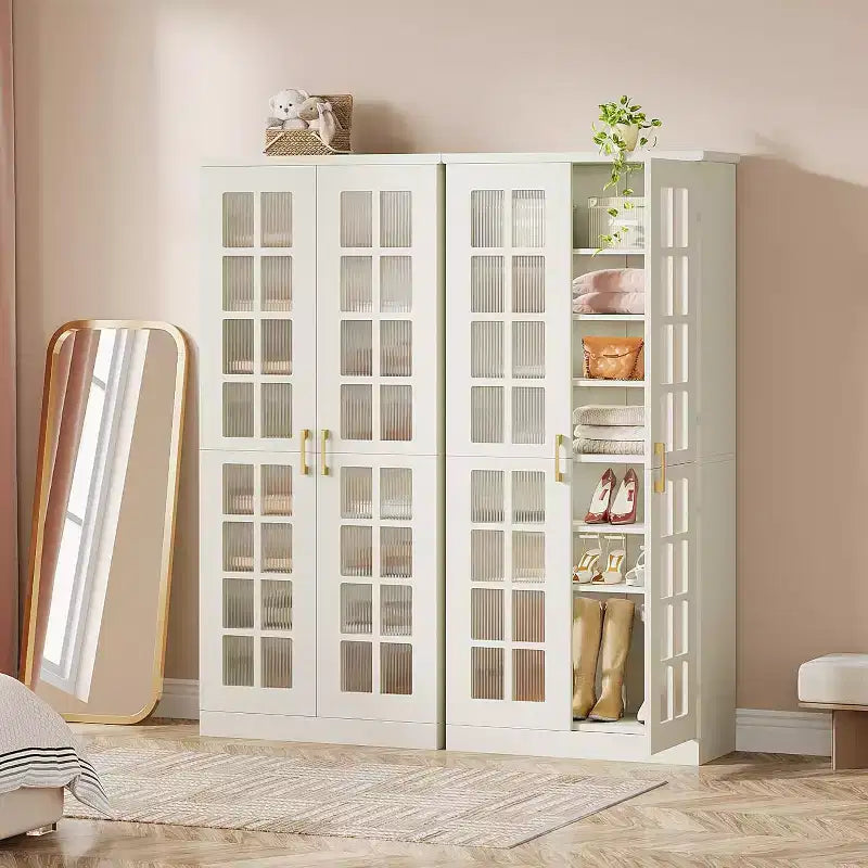 Meuble à chaussures haut Lantine avec portes, rangement à chaussures à 8 niveaux avec étagères réglables, armoire à chaussures moderne pour couloir, placard, salon, blanc