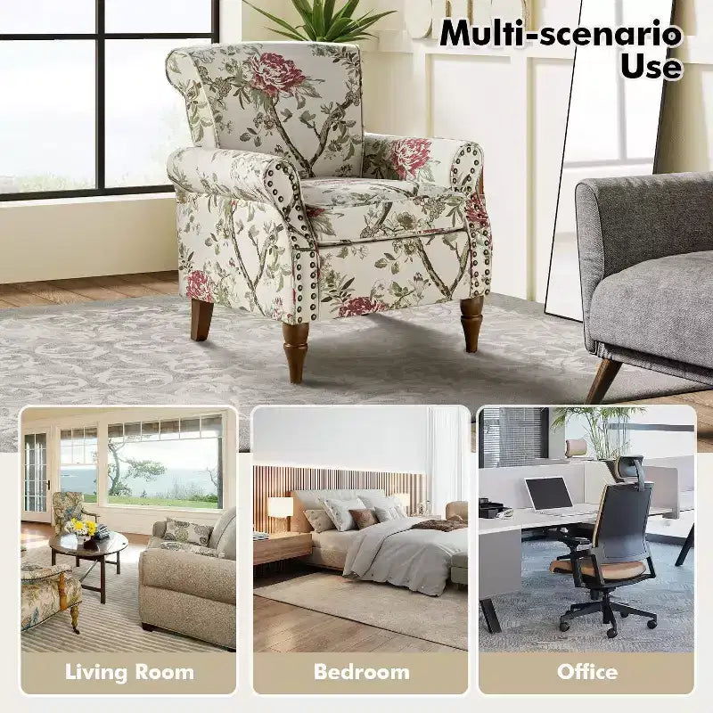 Araceli Traditional Wooden Upholstered Floral Armchair with Wingback and Nailhead Trim| ART OF LIVING DESIGNS