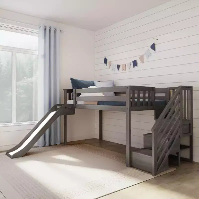 Kids Twin Low Loft Bed with Slide & Stairs, Solid Wood, 14 Guardrails, 400 lb Capacity