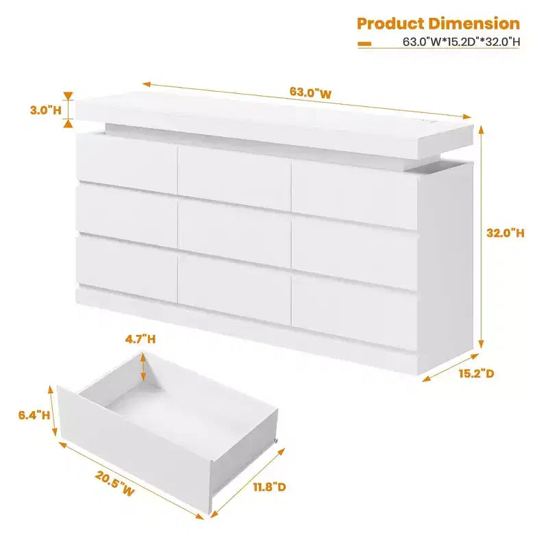 9 Drawer Dresser for Bedroom, Chest of Drawers with Charging Station & LED Lights, Double Wooden Closet Storage Cabinet, Modern Dresser TV Stand