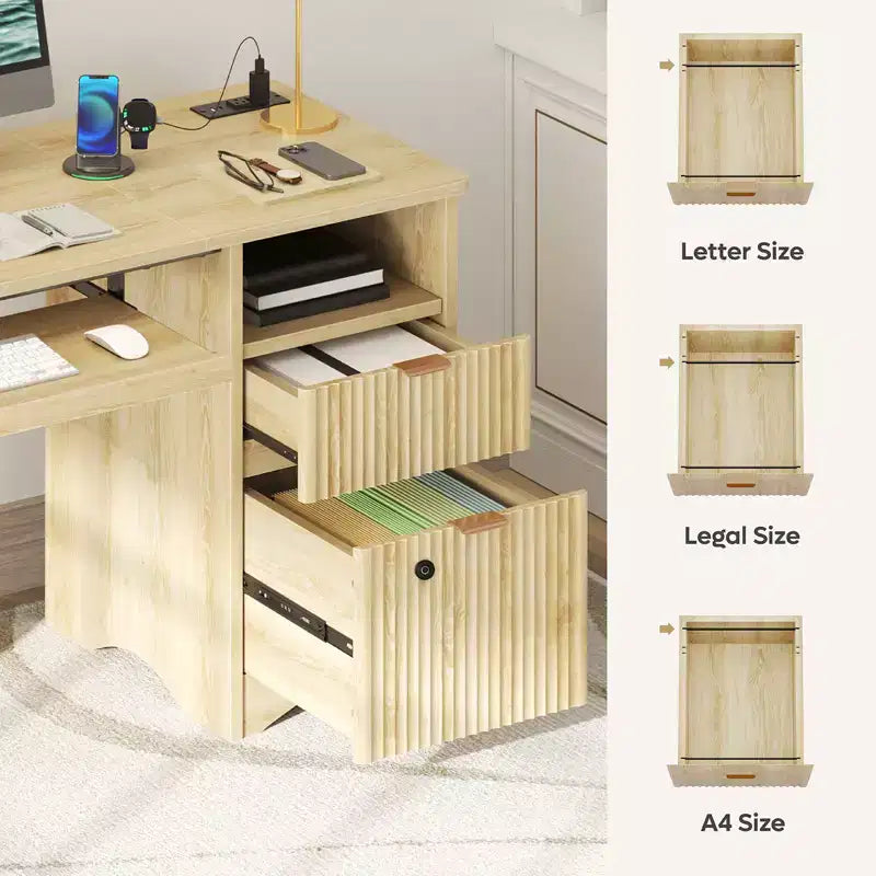 Bestier 55 Smart Computer Desk, Oak Writing Desk with File Drawers and Power Outlet, Executive Office Desk with Open Storage and Keyboard Tray