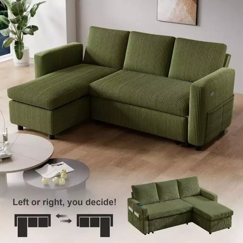 Dyonery 2 in 1 Pull Out Sleeper Sofa with Storage Chaise C Corduroy Sectional Couch with USB Ports for Living Room
