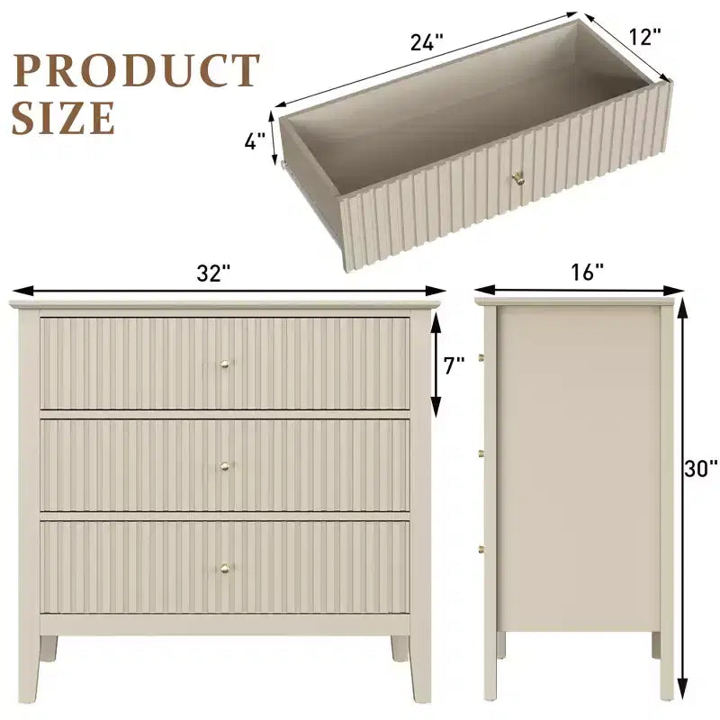 Heynemo 3 Drawer Dresser, Painted 30 Inch Tall Wood Nightstand with Storage, Wide Modern Chest of Drawers with Ball Bearing Slide