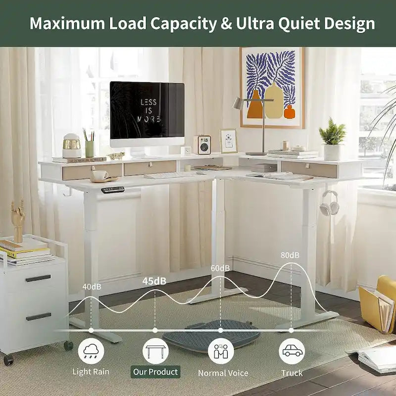 L-Shaped Electric Standing Desk with 3 Drawers & Lockable Casters, 63