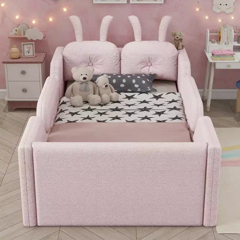 Whisen Twin Platform Bed, Kids Floor Upholstered Bed Frame with Rabbit Cushion, Removable Side Rails