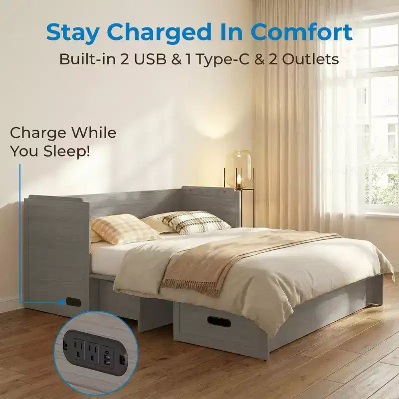 Mjkone Queen Size Convertible Murphy Cabinet Bed with USB Charging, Storage Drawers,No Mattress Included