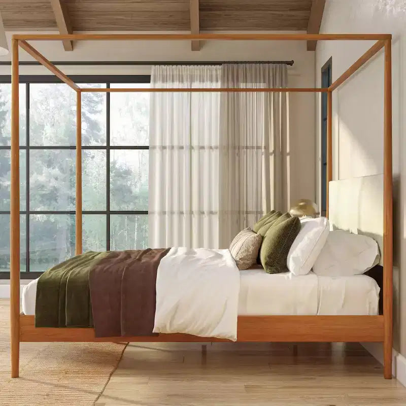 Harbor King Canopy Bed with Upholstered Headboard, Blonde/Swiss Coffee (MD2411-01)