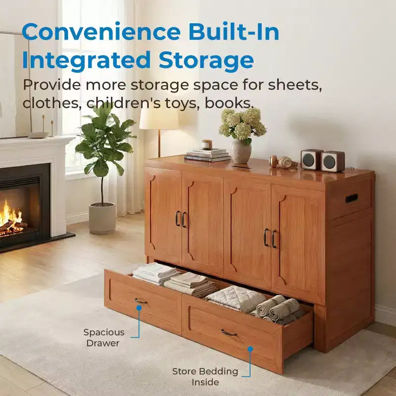 Mjkone Queen Size Convertible Murphy Cabinet Bed with USB Charging, Storage Drawers,No Mattress Included