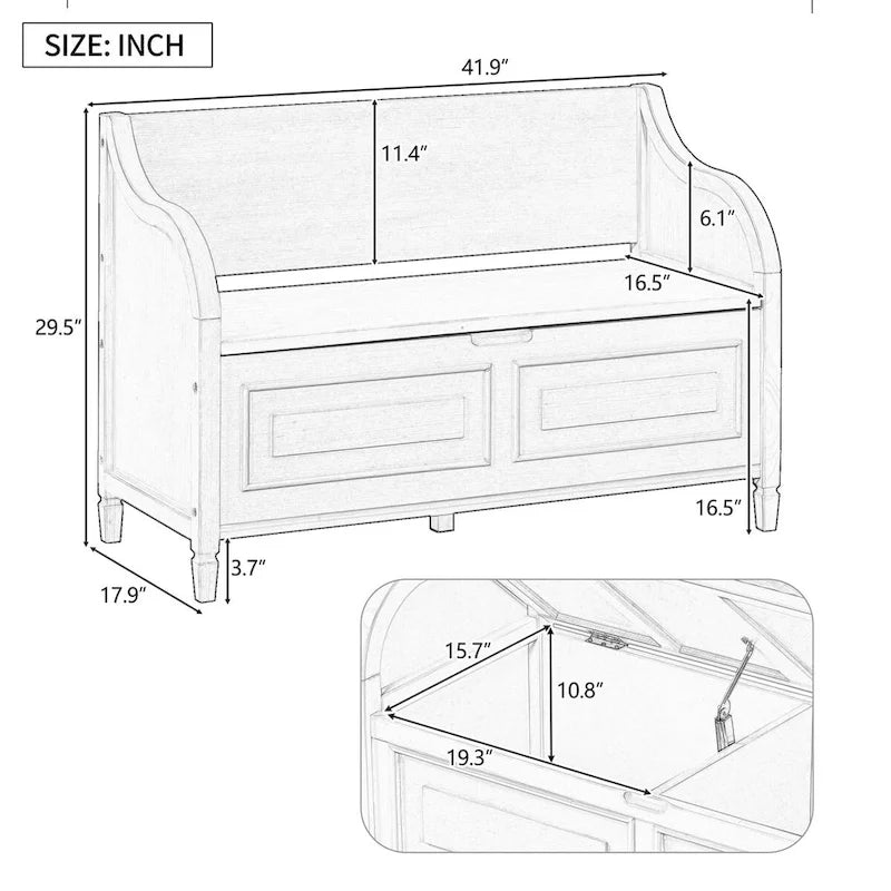 Rustic Solid Wood Entryway Storage Bench with Safety Hinge