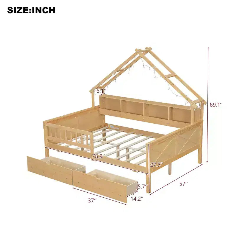 Full Size House Bed Frame with Drawers, House Platform Bed with LED Lights, Storage Shelves & Drawers, Wood Daybed with Roof and Guardrail