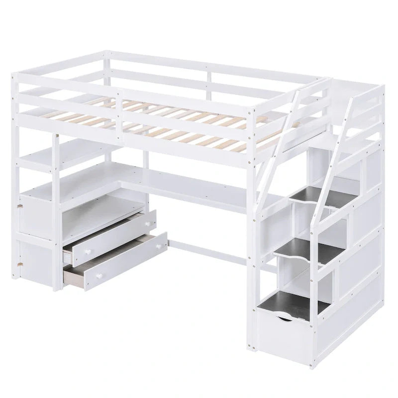 Twin Size Loft Bed with Desk and Shelves, Two Built-in Drawers, Storage Staircase