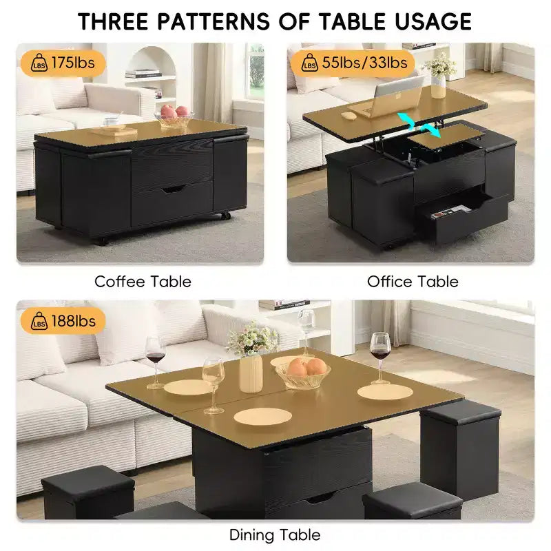 Multi-Function Modern Lift-Top Coffee Table with Hidden Storage, 4 Stools and Casters, Perfect for Modern Living Spaces