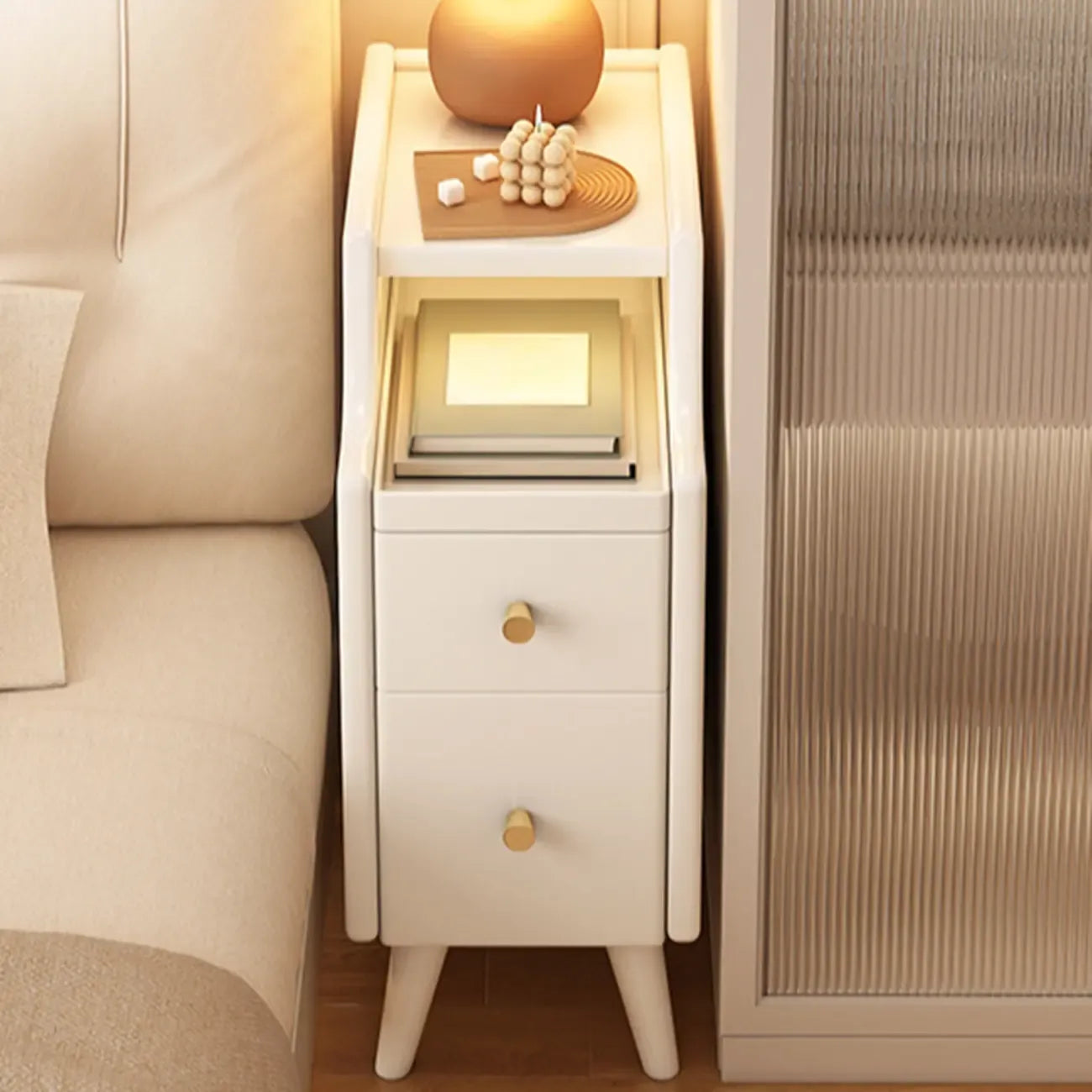 Narrow White Wood 2 Shelves Nightstand