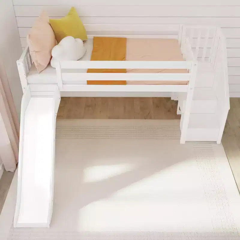 Kids Twin Low Loft Bed with Slide & Stairs, Solid Wood, 14 Guardrails, 400 lb Capacity