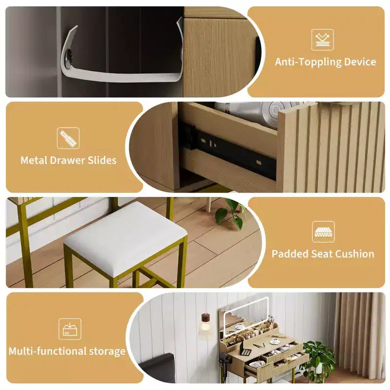 Vanity Desk with Mirror and Lights, LED Lighted Mirror Design, Ample Storage Drawers for Cosmetics and Toiletries Organization