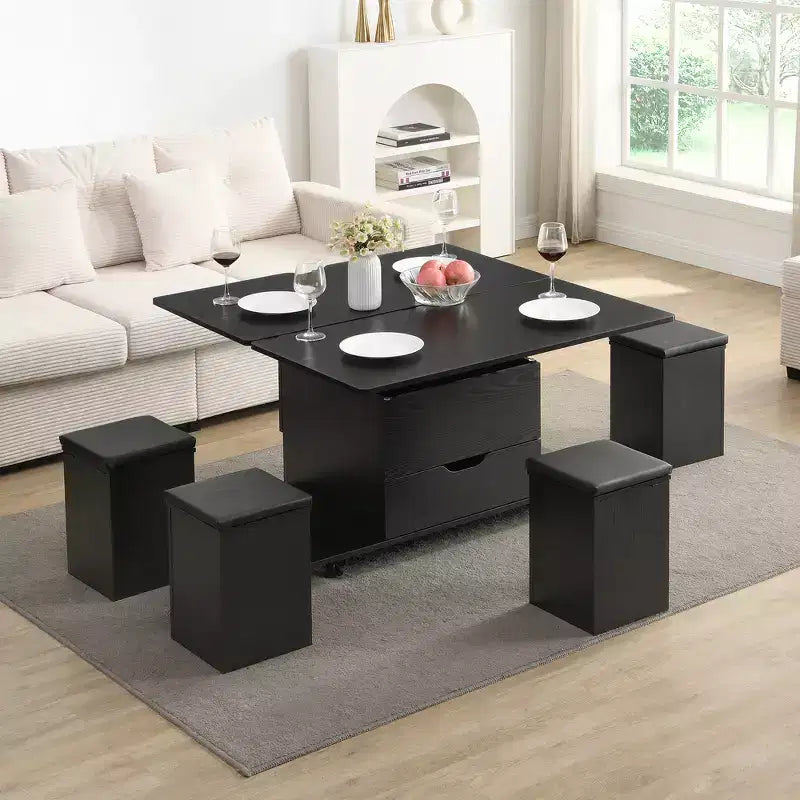 Multi-Function Modern Lift-Top Coffee Table with Hidden Storage, 4 Stools and Casters, Perfect for Modern Living Spaces