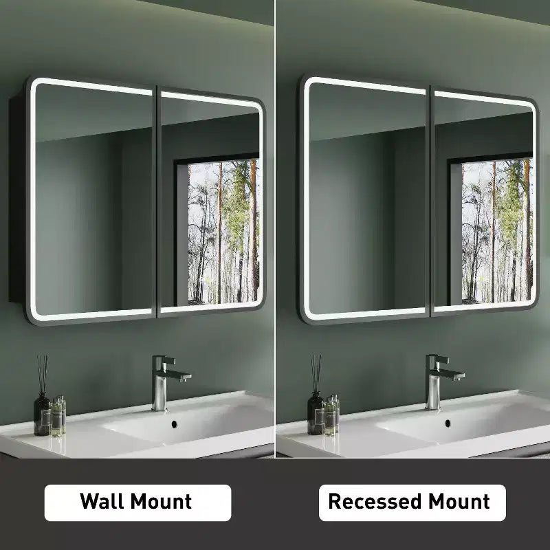Black / White / Gold LED Medicine Cabinet, Single Door, Left or Right Hinge, Recessed or Wall-Mounted