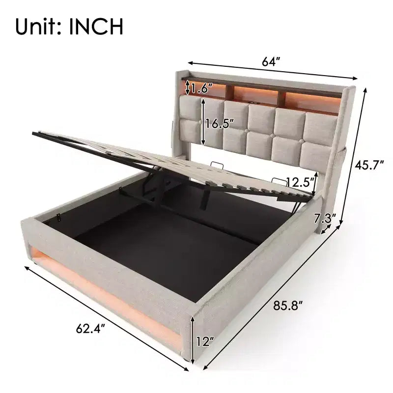 Lit Queen avec rangement hydraulique, LED, USB, tête de lit rembourrée, sans sommier, assemblage facile