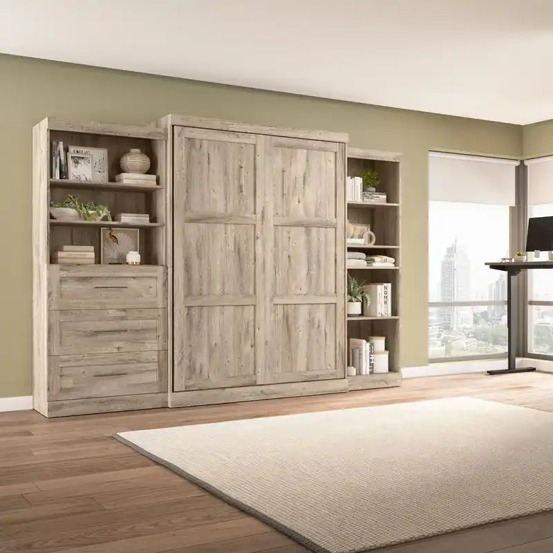 Murphy Bed and Two Shelving Units with Drawers 126-Inch Wall Bed