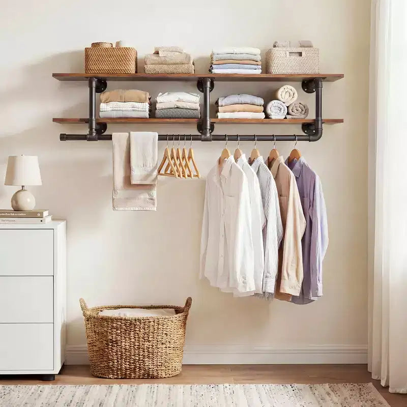 Étagère à vêtements 2 niveaux Besiost avec tringle à suspendre, étagères à vêtements avec étagère supérieure