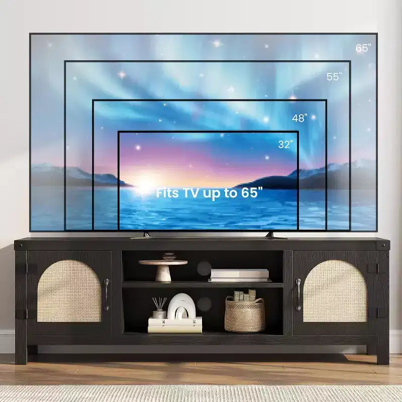 65-inch Bohemian-style TV stand with wicker door - Wooden entertainment center with two cabinets and adjustable shelves, suitable for living rooms
