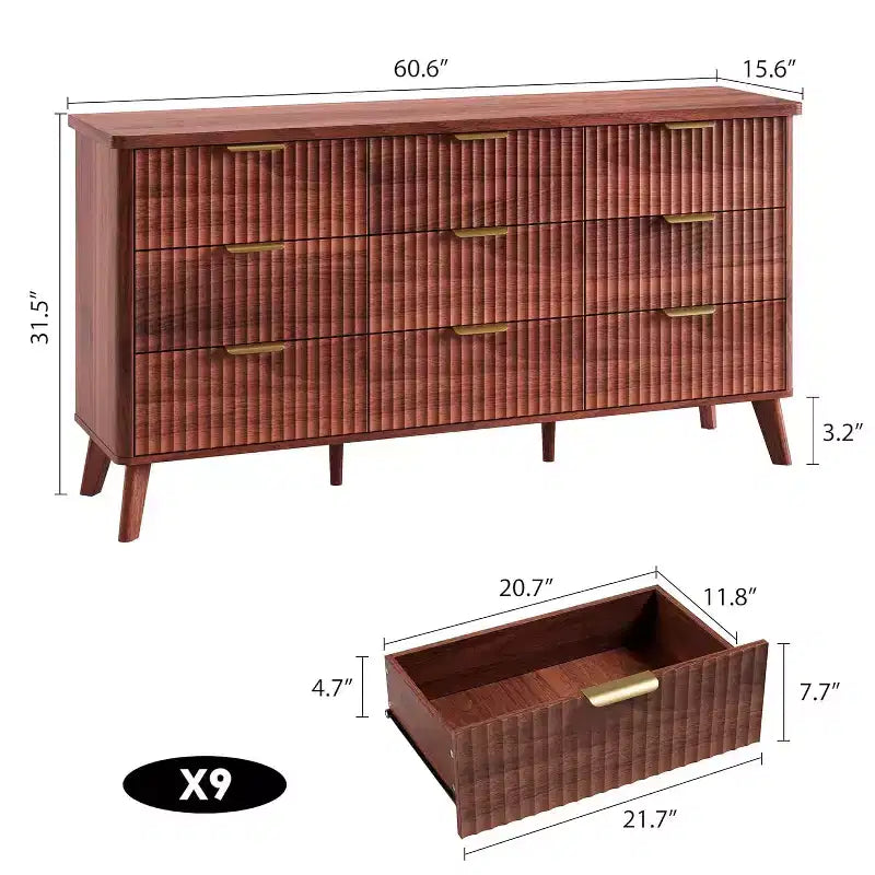 9 Drawers Fluted Dresser, Modern Chest, Wooden Dresser TV Stand, Curved Profile Design, for Living Room, Hallway