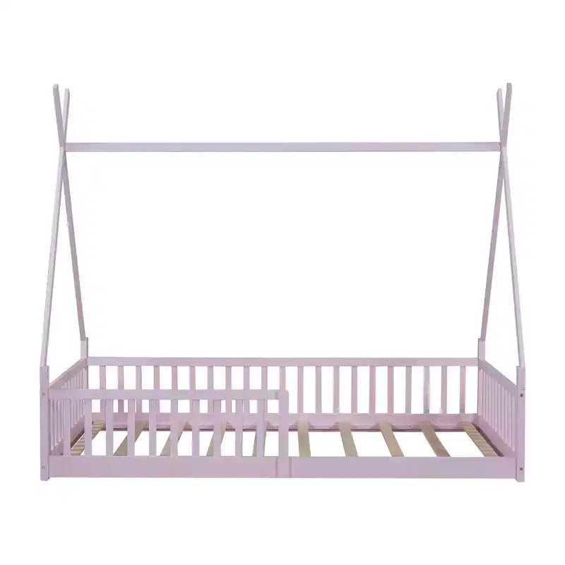 Floor Bed for Kids, Twin Size Tent Beds, Montessori Floor Bed with Slats and Fence Rails, Wood House Bed Frame for Boys Girls