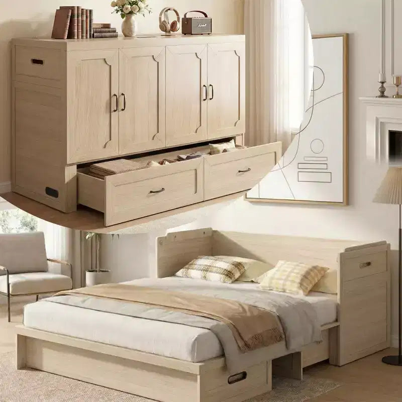 Mjkone Queen Size Convertible Murphy Cabinet Bed with USB Charging, Storage Drawers,No Mattress Included
