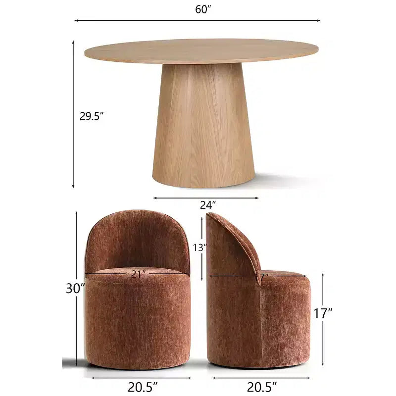 Modern Dining Table Set For 6, Round Pedestal Dining Table, Swivel Rolling Barrel Chairs With Wheels, Textured Chenille- Panipeachy