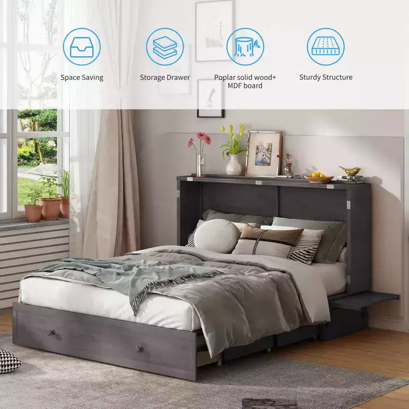 Mjkone Murphy Bed Queen,Cube Cabinet Chest Bed with Charging Station&Storage Space