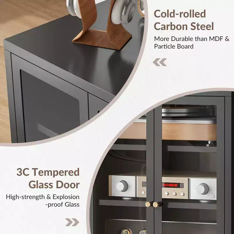 Bekrvio Metal Media Cabinet, 4-Tier Stereo Cabinet with Glass Doors & Adjustable Shelves, Audio AV Rack with Cable Management