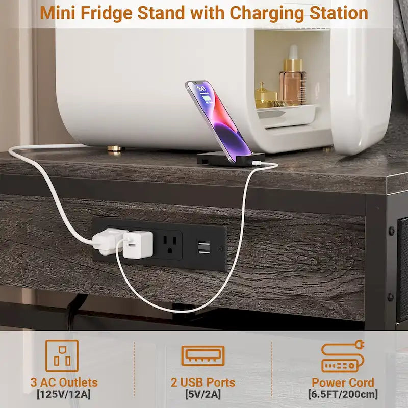 Mini Fridge Stand with Charge Station, Side/ End Table with Storage Drawers and Rolling Cabinet